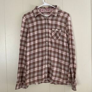 Aéropostale Plaid Button Down Shirt Brown Pink Flannel Top Women’s XL 100% Cotto